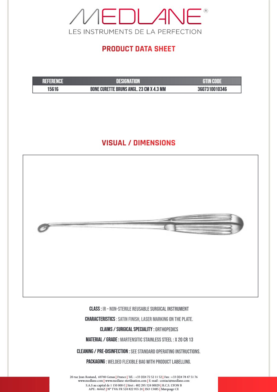 Photo produit MEDLANE : Curette Osseuse Bruns Angulee 230 X 4.3 mm Figure 2, référence 15616
