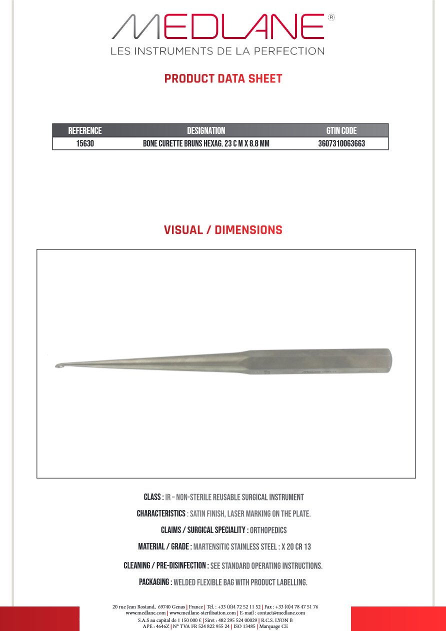 Curette Osseuse Bruns Hexag 230 X 8.8 mm Figure 6 — REF 15630