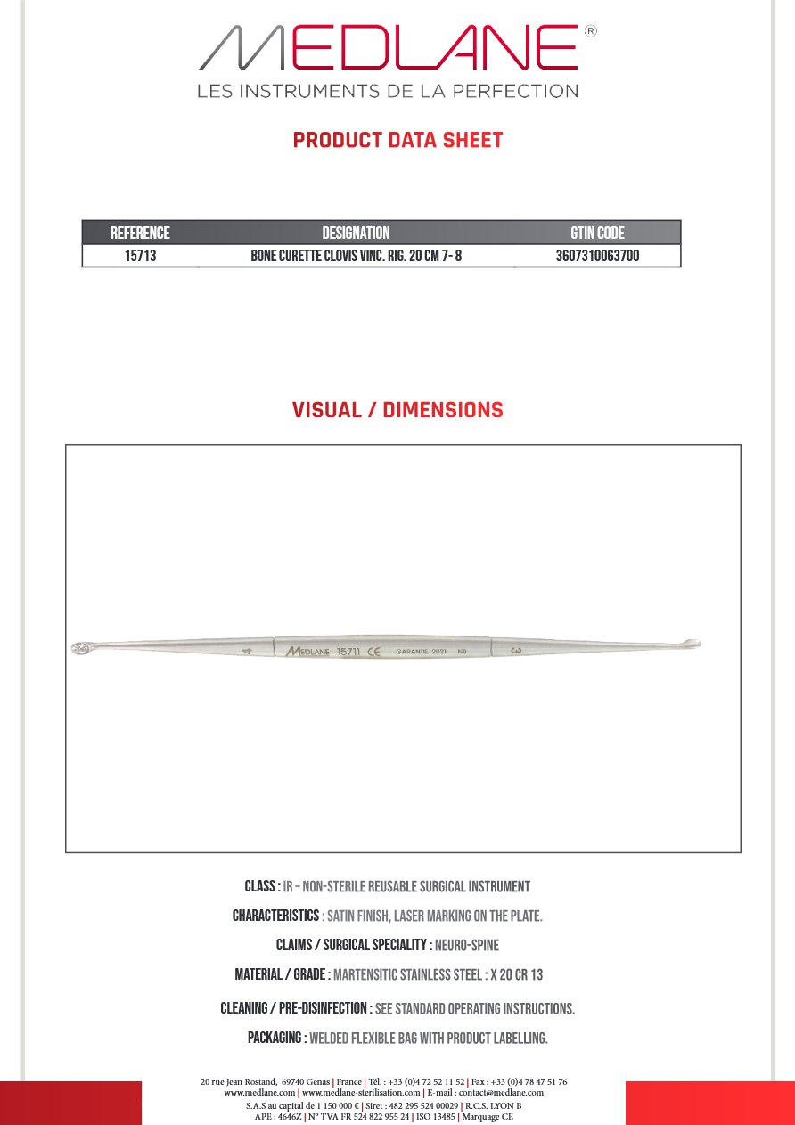 Curette Osseuse Clovis Vincent Rigide 200 mm 7- 8 — REF 15713P