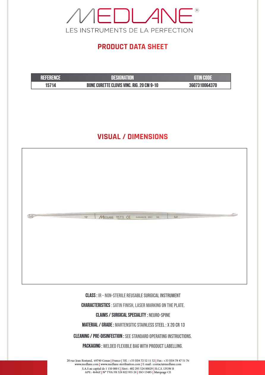 Curette Osseuse Clovis Vincent Rigide 200 mm 9-10 — REF 15714P