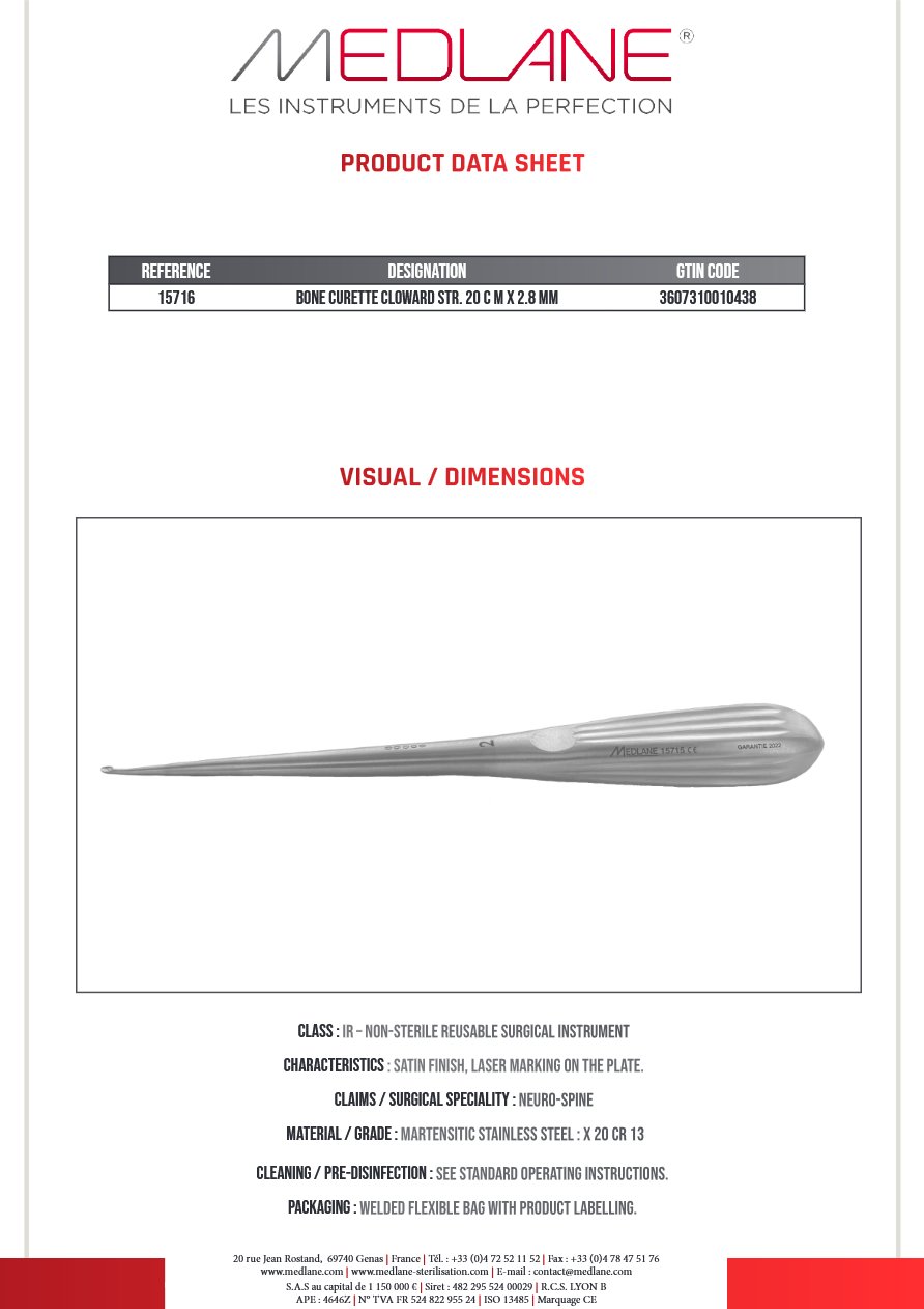 Curette Osseuse Cloward Droite 200 X 2.8 mm Figure 00 — REF 15716