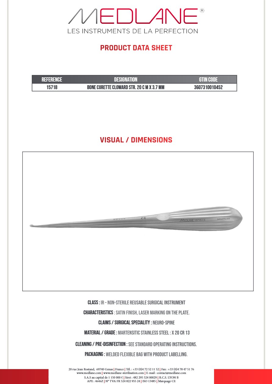 Curette Osseuse Cloward Droite 200 X 3.7 mm Figure 1 — REF 15718