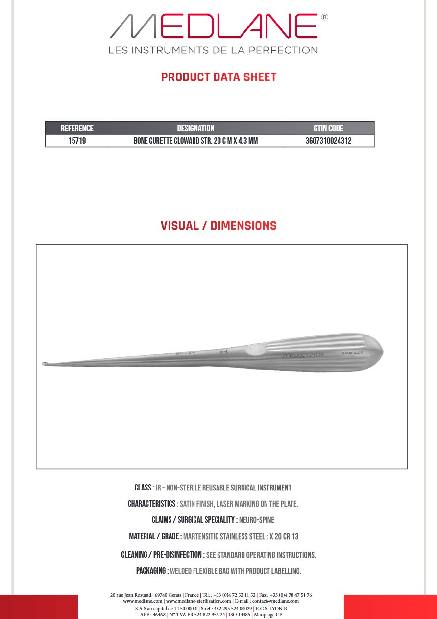 Curette Osseuse Cloward Droite 200 X 4.3 mm Figure 2 — REF 15719
