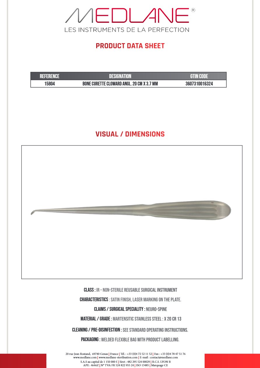 Curette Osseuse Cloward Angulee 200 X 3.7 mm Figure 1 — REF 15804