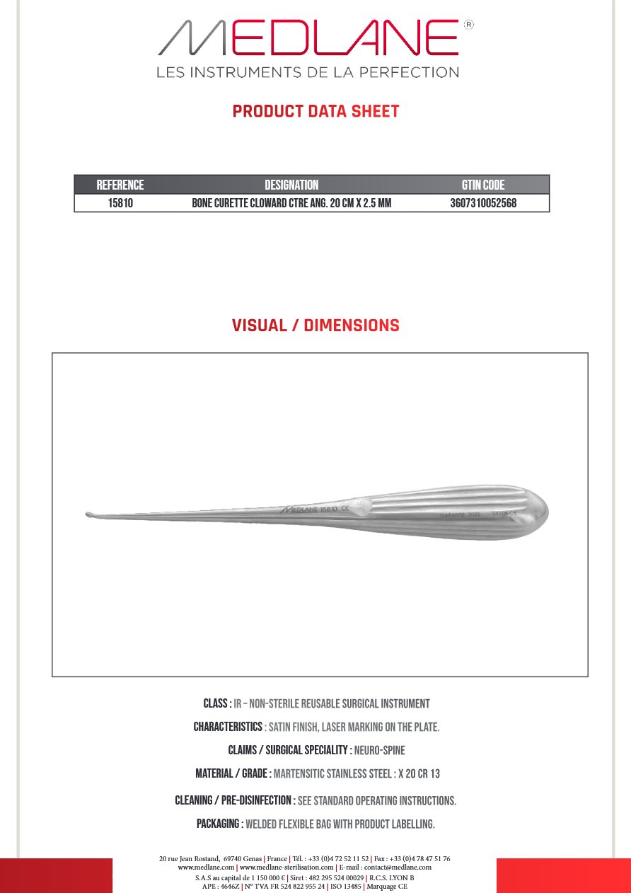 Curette Osseuse Cloward Ctre Coudée 200 X 2.5 mm — REF 15810