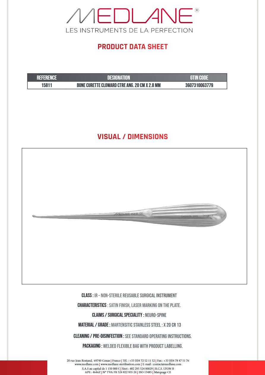 Curette Osseuse Cloward Ctre Coudée 200 X 2.8 mm — REF 15811