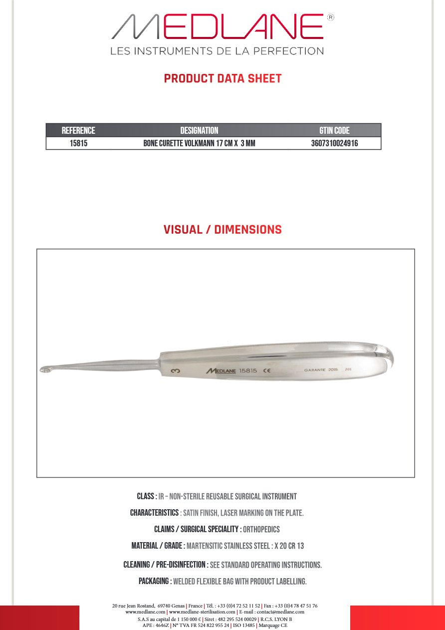 Photo produit MEDLANE : Curette Osseuse Volkmann 170 X 3 mm, référence 15815P