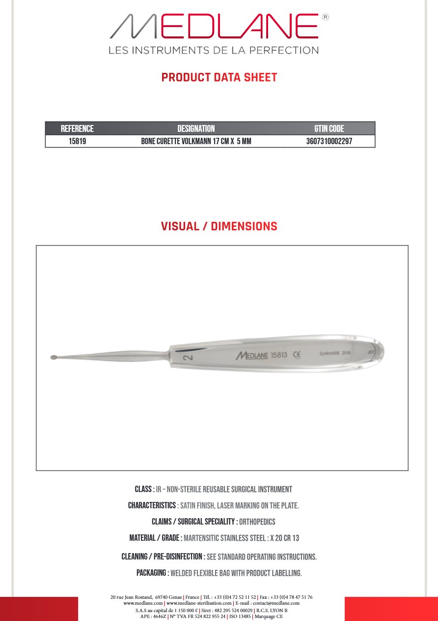 Photo produit MEDLANE : Curette Osseuse Volkmann 170 X 5 mm, référence 15819P