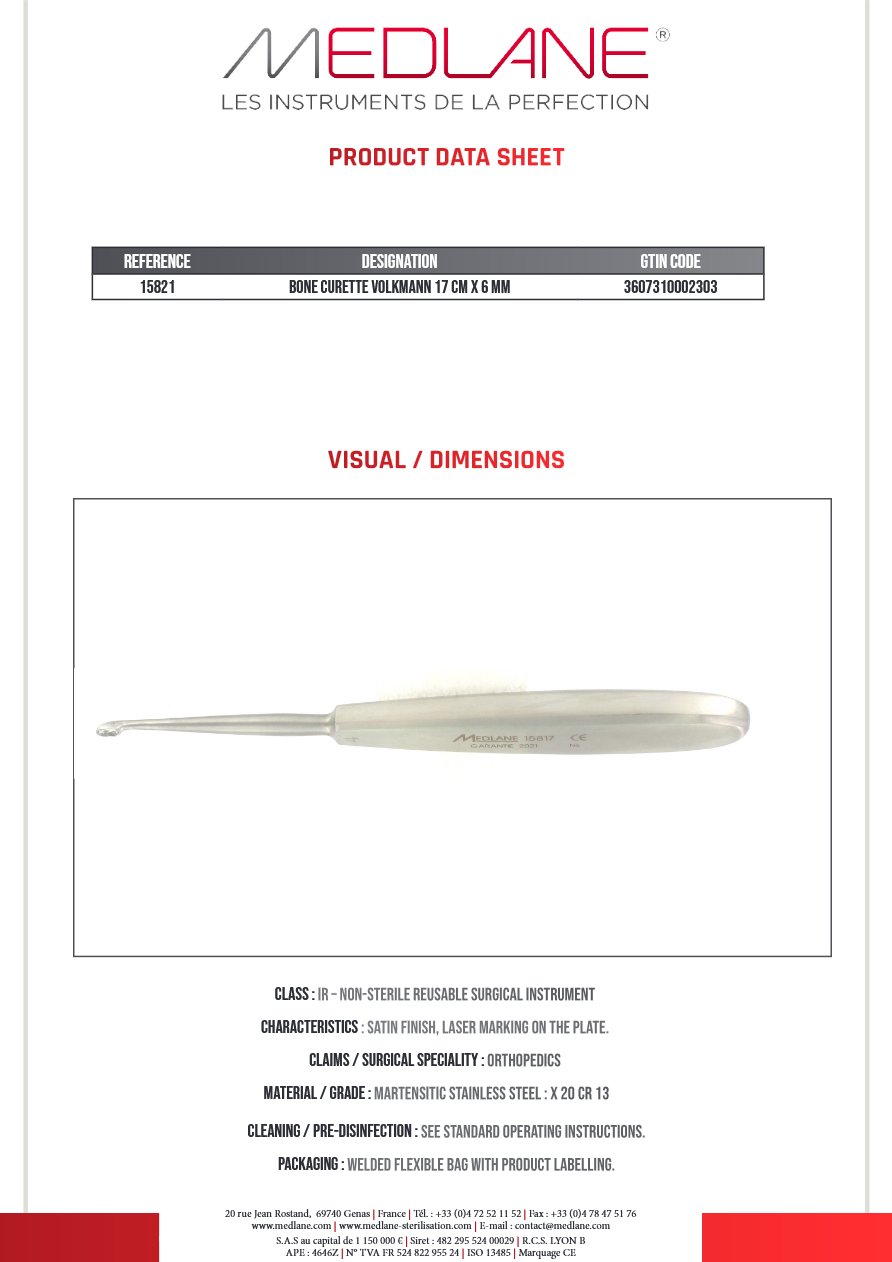 Photo produit MEDLANE : Curette Osseuse Volkmann 170 X 6 mm, référence 15821P