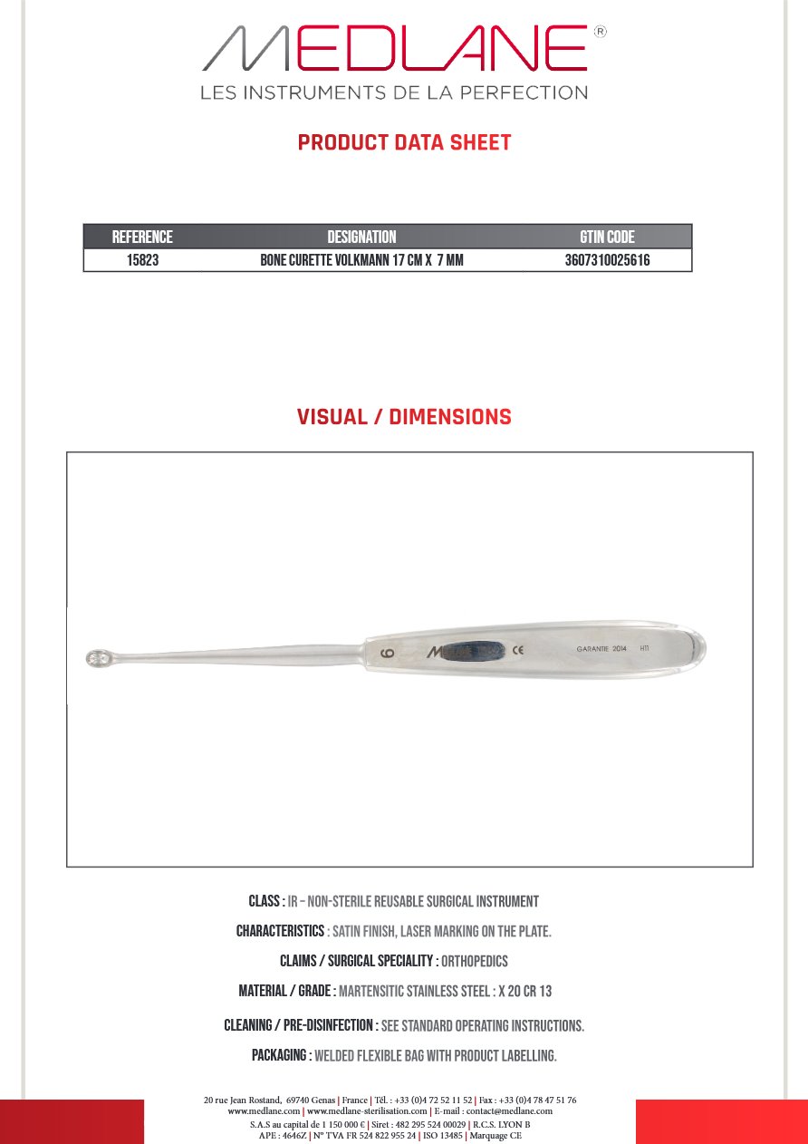Photo produit MEDLANE : Curette Osseuse Volkmann 170 X 7 mm, référence 15823P