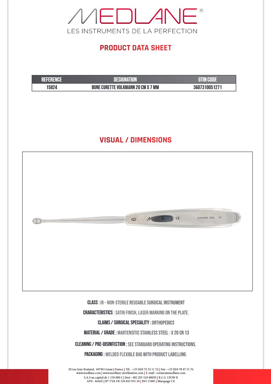 Curette Osseuse Volkmann 200 X 7 mm — REF 15824P