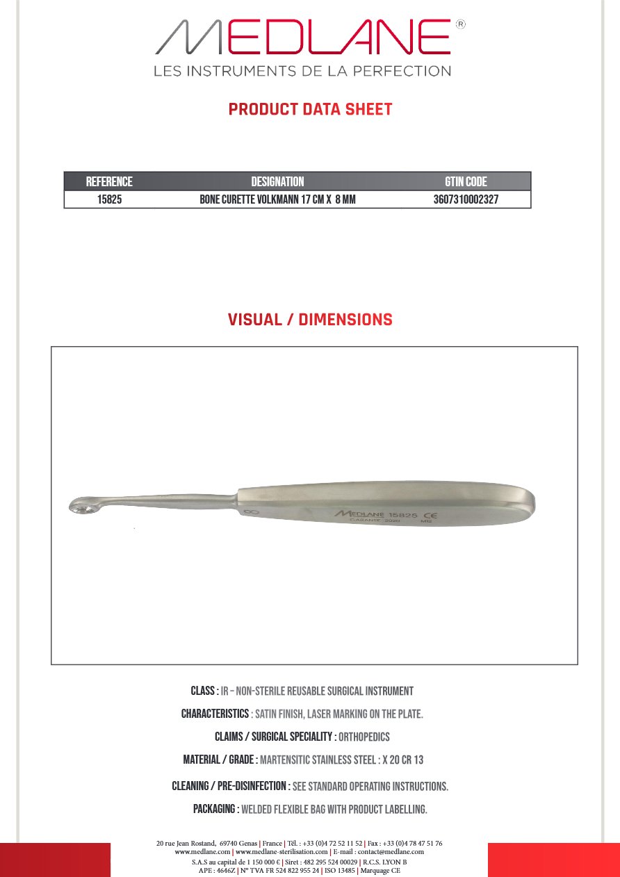 Photo produit MEDLANE : Curette Osseuse Volkmann 170 X 8 mm, référence 15825P