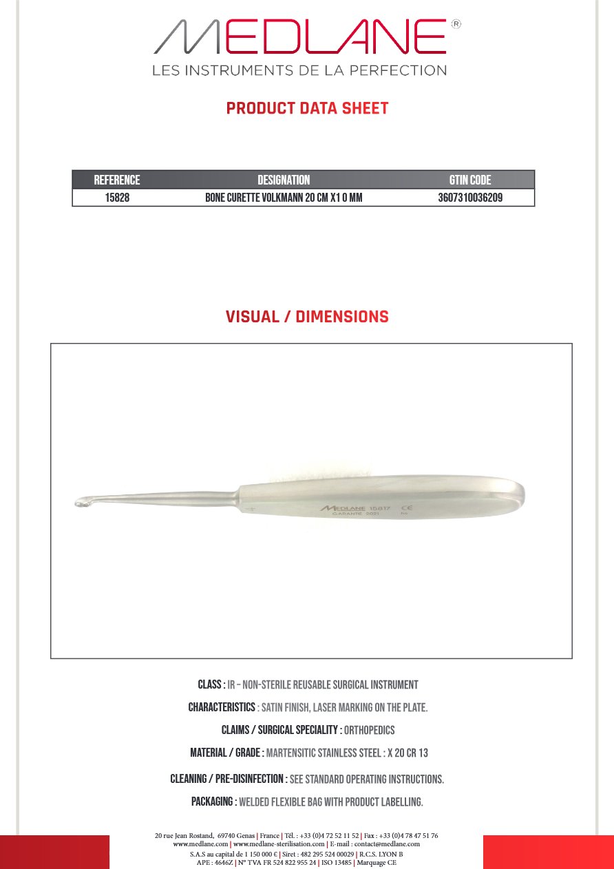 Photo produit MEDLANE : Curette Osseuse Volkmann 200 X 10 mm, référence 15828P