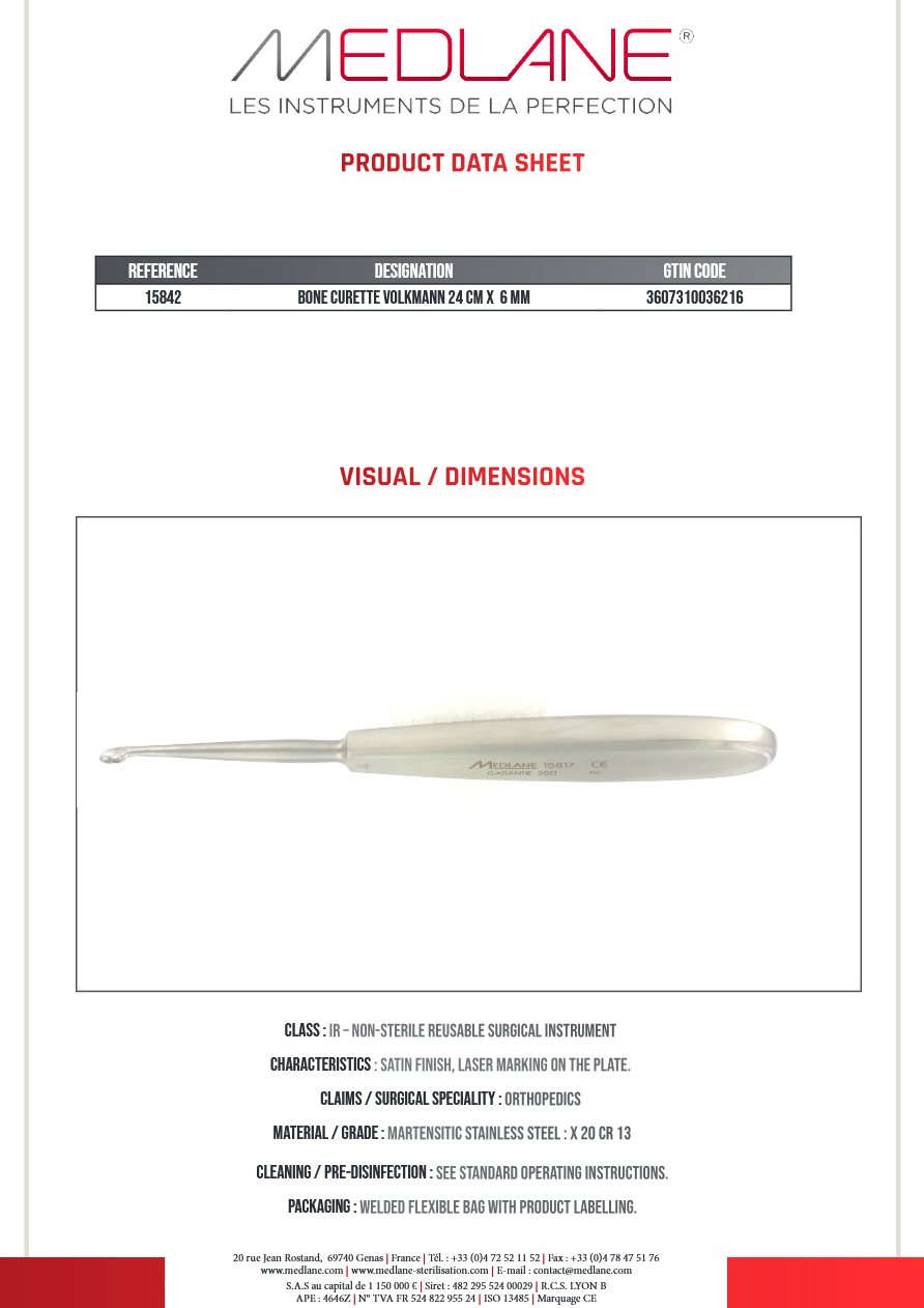 Curette Osseuse Volkmann 240 X 6 mm — REF 15842P