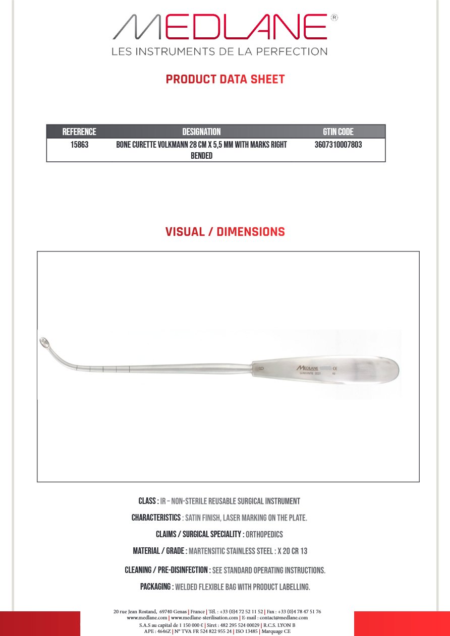 Curette Osseuse Volkmann 280 X 5,5 mm avec Reperes Coudé a Droite — REF 15863