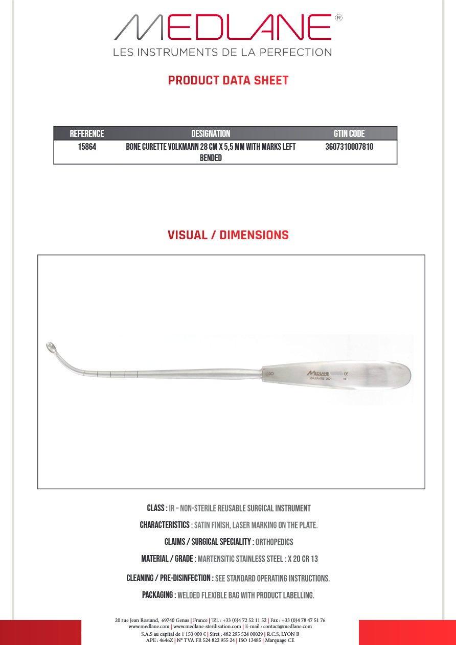 Curette Osseuse Volkmann 280 X 5,5 mm avec Reperes Coudé a Gauche — REF 15864
