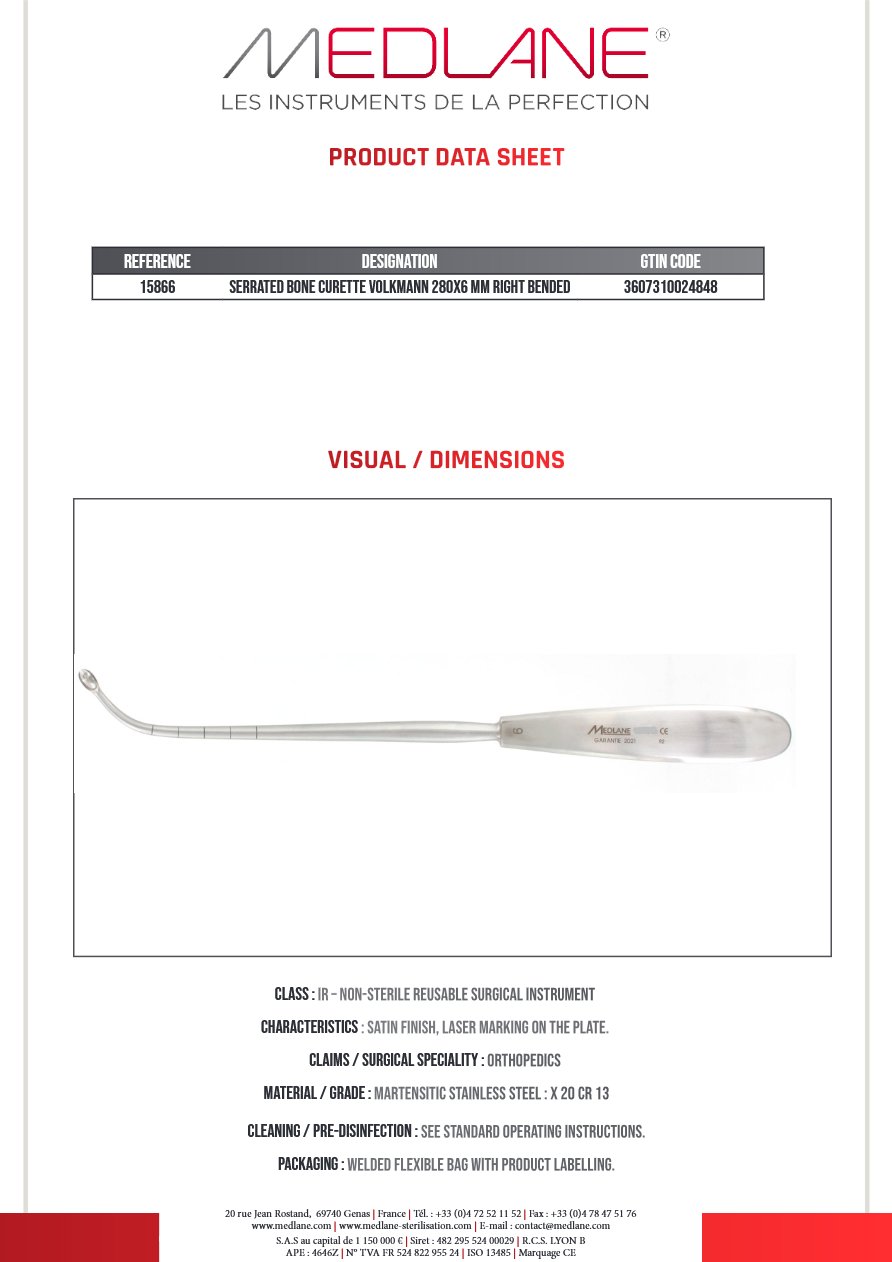 Curette Osseuse Volkmann 280 X 6 mm Coudee a Droite Dentelee — REF 15866