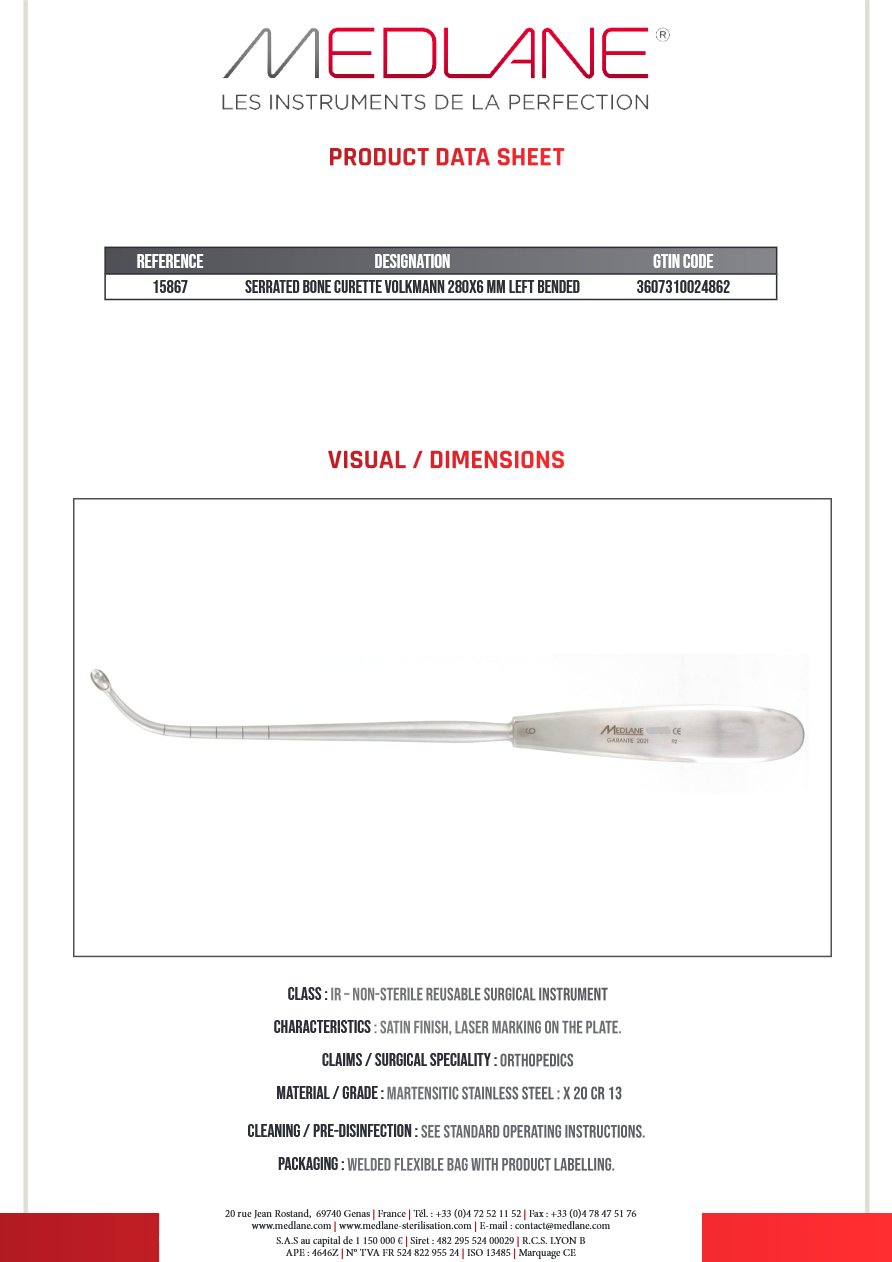 Curette Osseuse Volkmann 280 X 6 mm Coudee a Gauche Dentelee — REF 15867