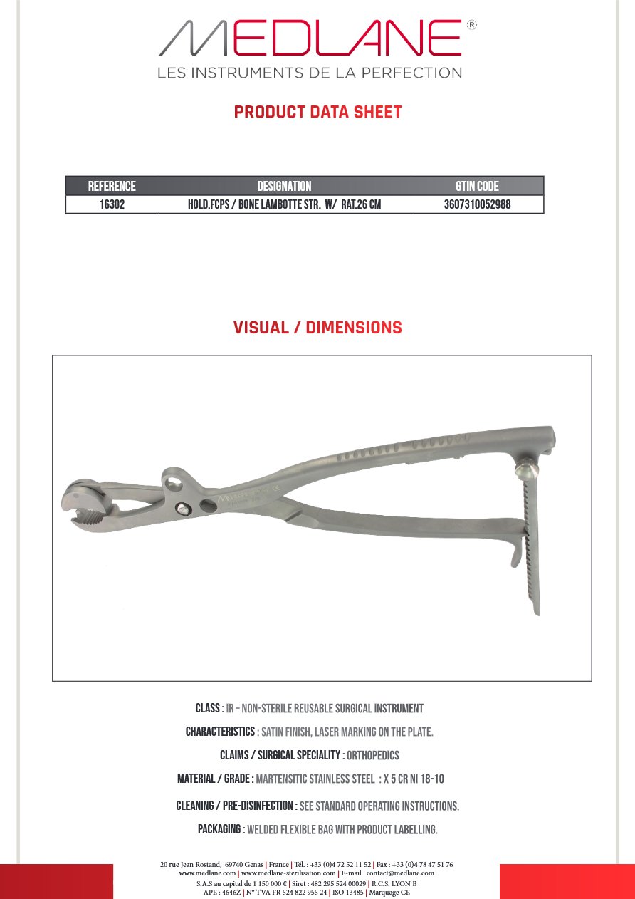 Photo produit MEDLANE : Davier Os Lambotte Droit a Crémaillère 260 mm, référence 16302P