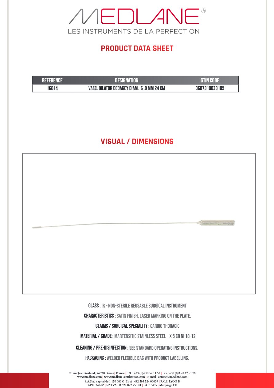 Dilatateur Vasculaire Debakey Diamètre 6.0 mm 240MM — REF 16814