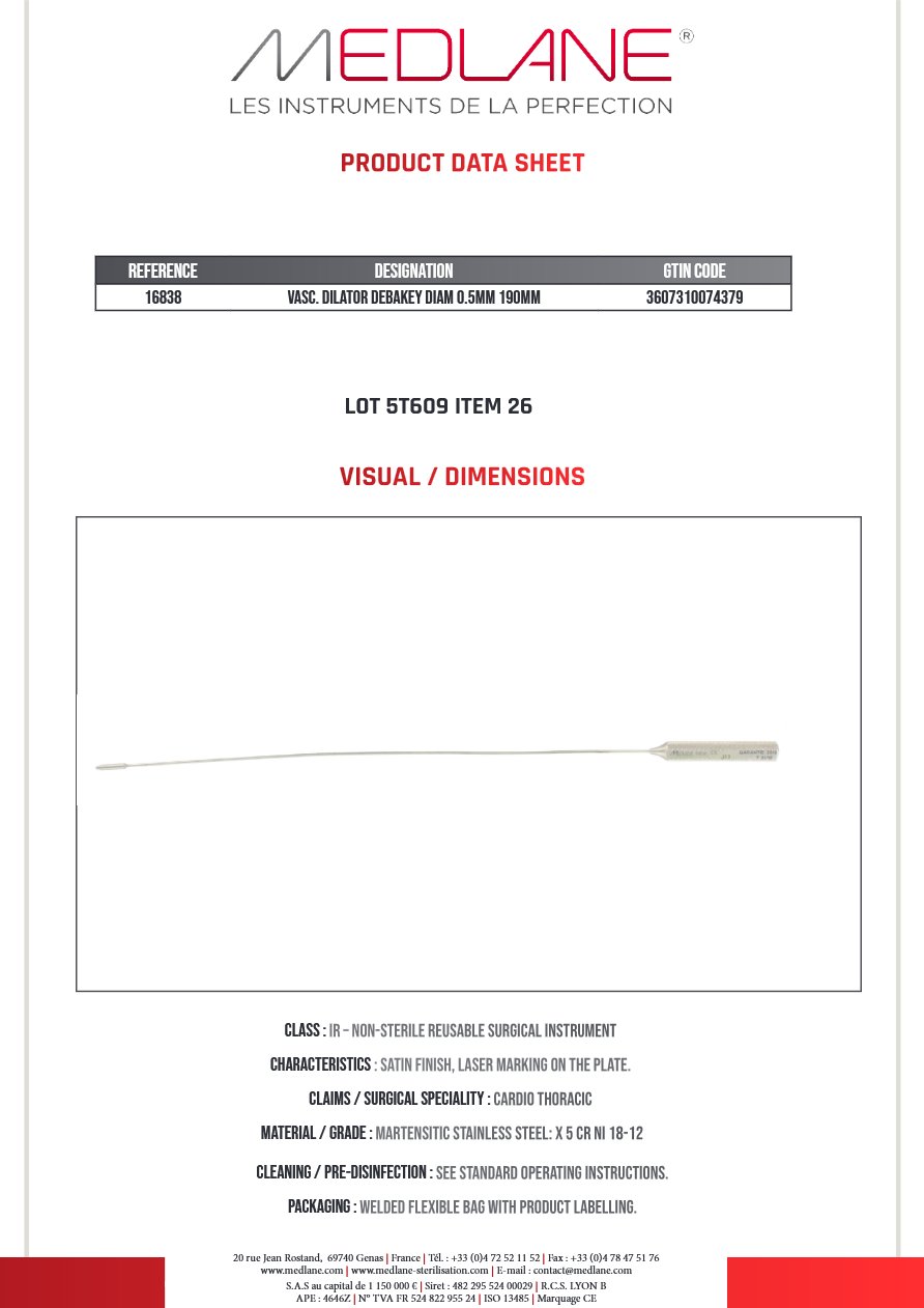Dilatateur Vasculaire Debakey Diamètre 0,5 mm 190MM — REF 16838