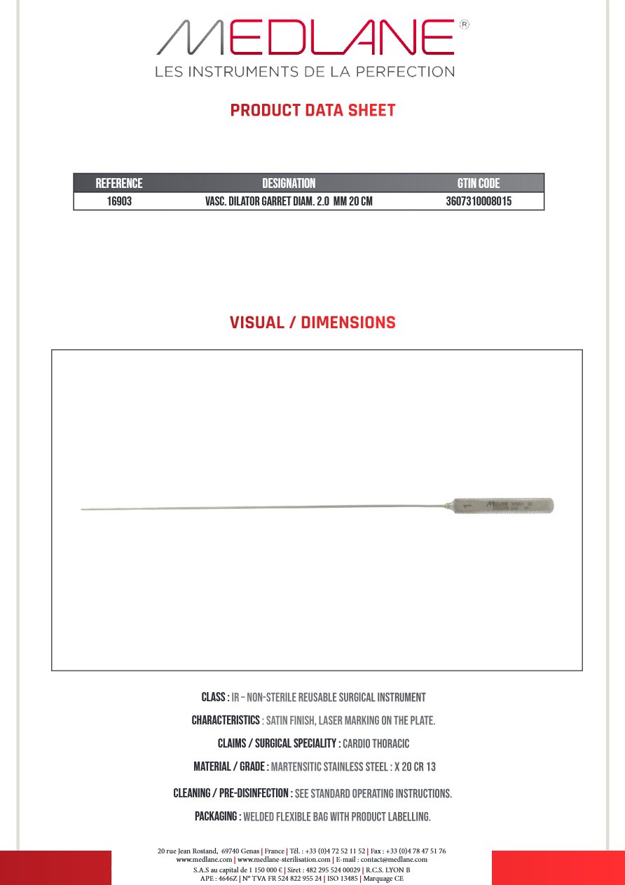 Photo produit MEDLANE : Dilatateur Vasculaire Garret Diamètre 2.0 mm 200 mm, référence 16903