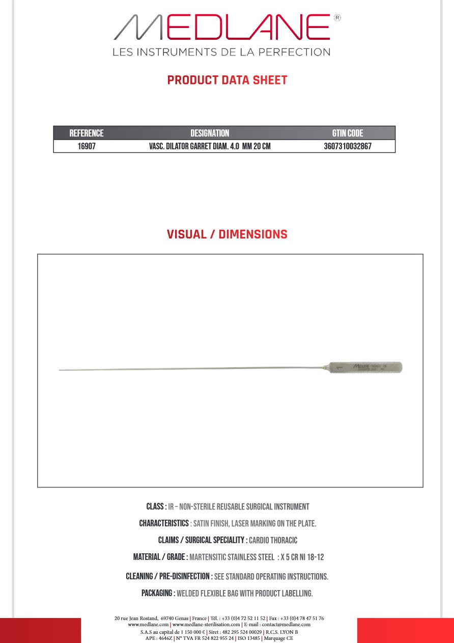 Photo produit MEDLANE : Dilatateur Vasculaire Garret Diamètre 4.0 mm 200 mm, référence 16907