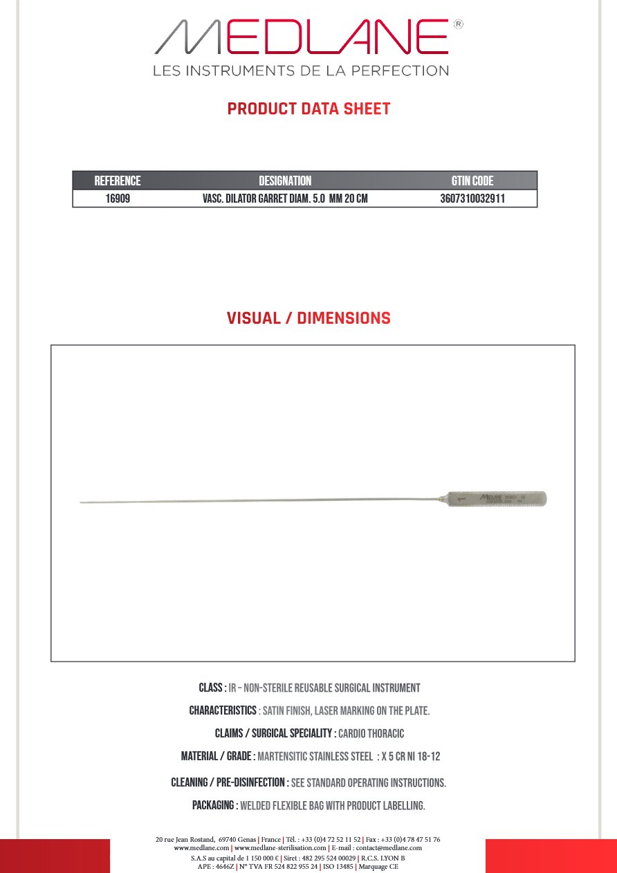 Photo produit MEDLANE : Dilatateur Vasculaire Garret Diamètre 5.0 mm 200 mm, référence 16909