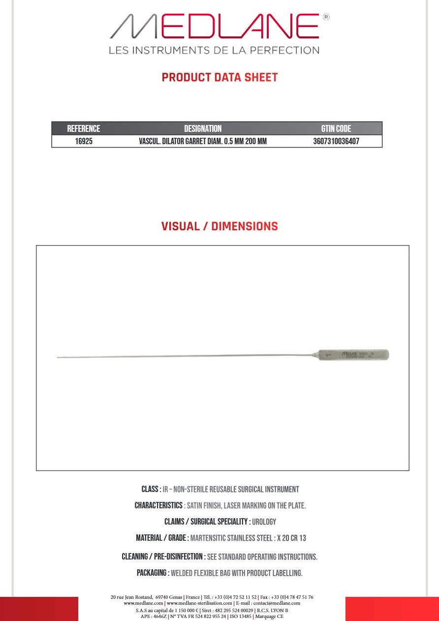 Vascul. Dilator Garret Diam. 0.5 Mm 200 Mm — REF 16925