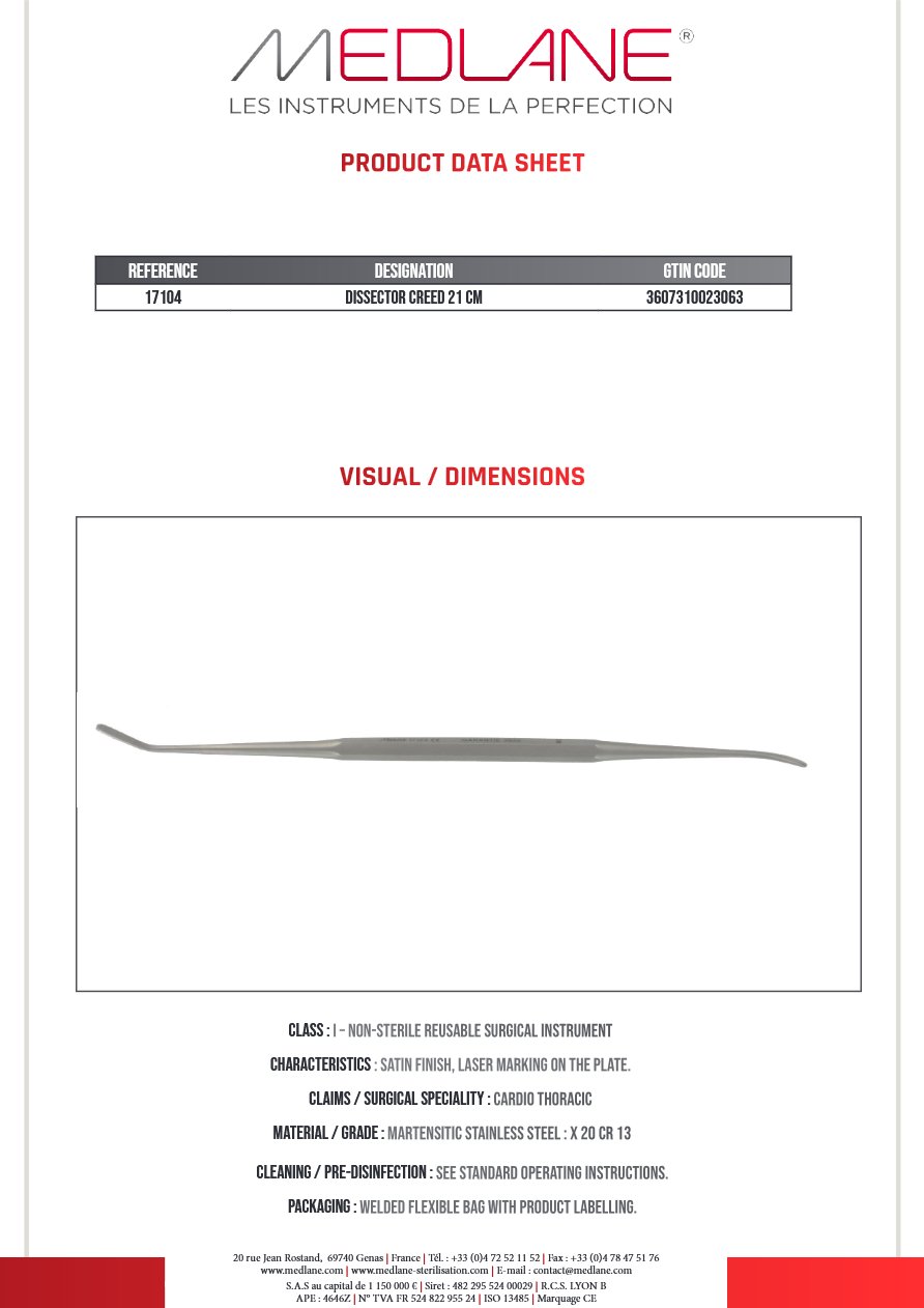 Dissecteur Creed 210 mm Un Cote Tranchant 3,8 mm Un Cote Mousse 3,5 mm — REF 17104P
