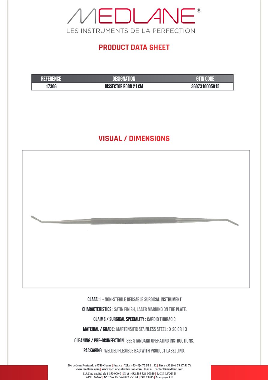 Photo produit MEDLANE : Dissecteur Robb 210 mm Mousse Mousse 3 et 2,2 mm, référence 17306P