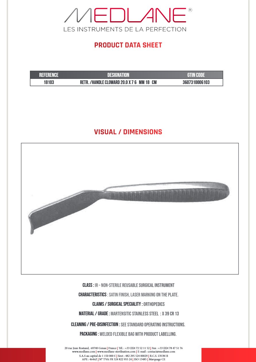 Ecarteur /manche Cloward 20.0 X 76 mm 180 mm — REF 18103