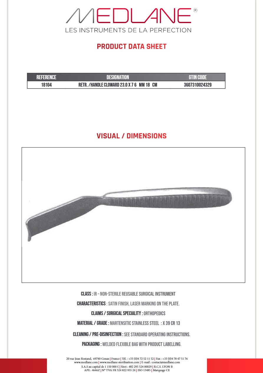 Ecarteur /manche Cloward 23.0 X 76 mm 180 mm — REF 18104