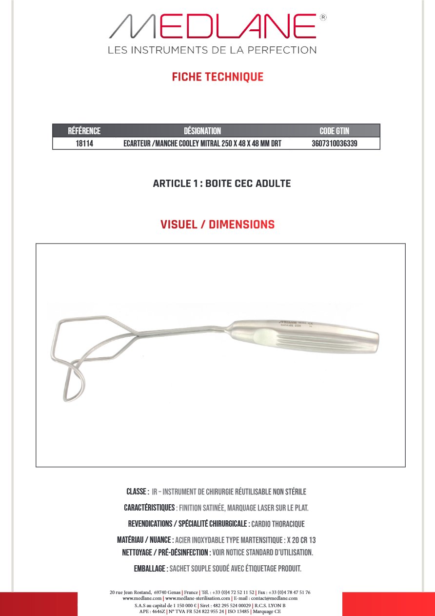 Photo produit MEDLANE : Ecarteur /manche Cooley Mitral 250 X 48 X 48 mm Droit, référence 18114