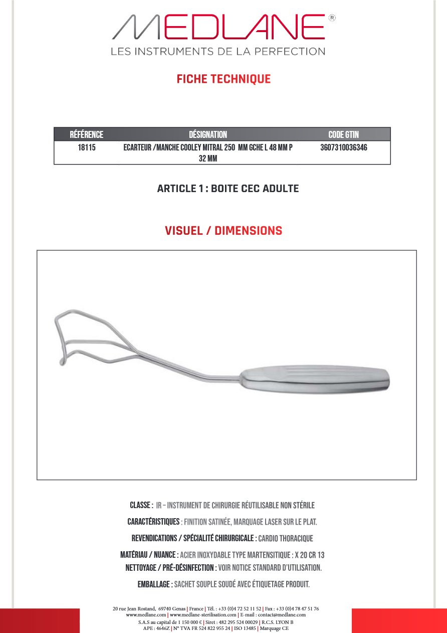Photo produit MEDLANE : Ecarteur /manche Cooley Mitral 250 mm Gche L 48 mm P 32 mm, référence 18115