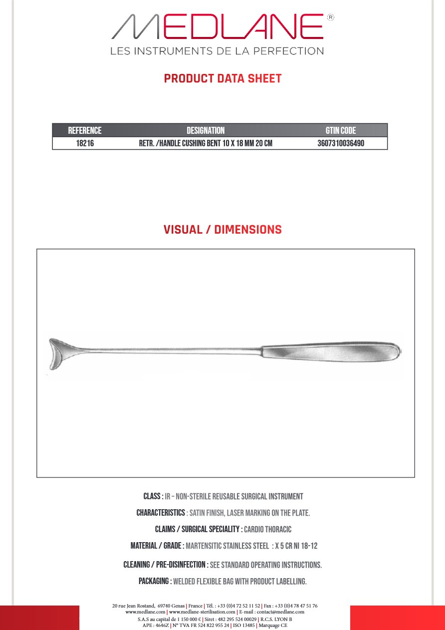 Ecarteur /manche Cushing 10 X 18 mm 200 mm Coudé — REF 18216