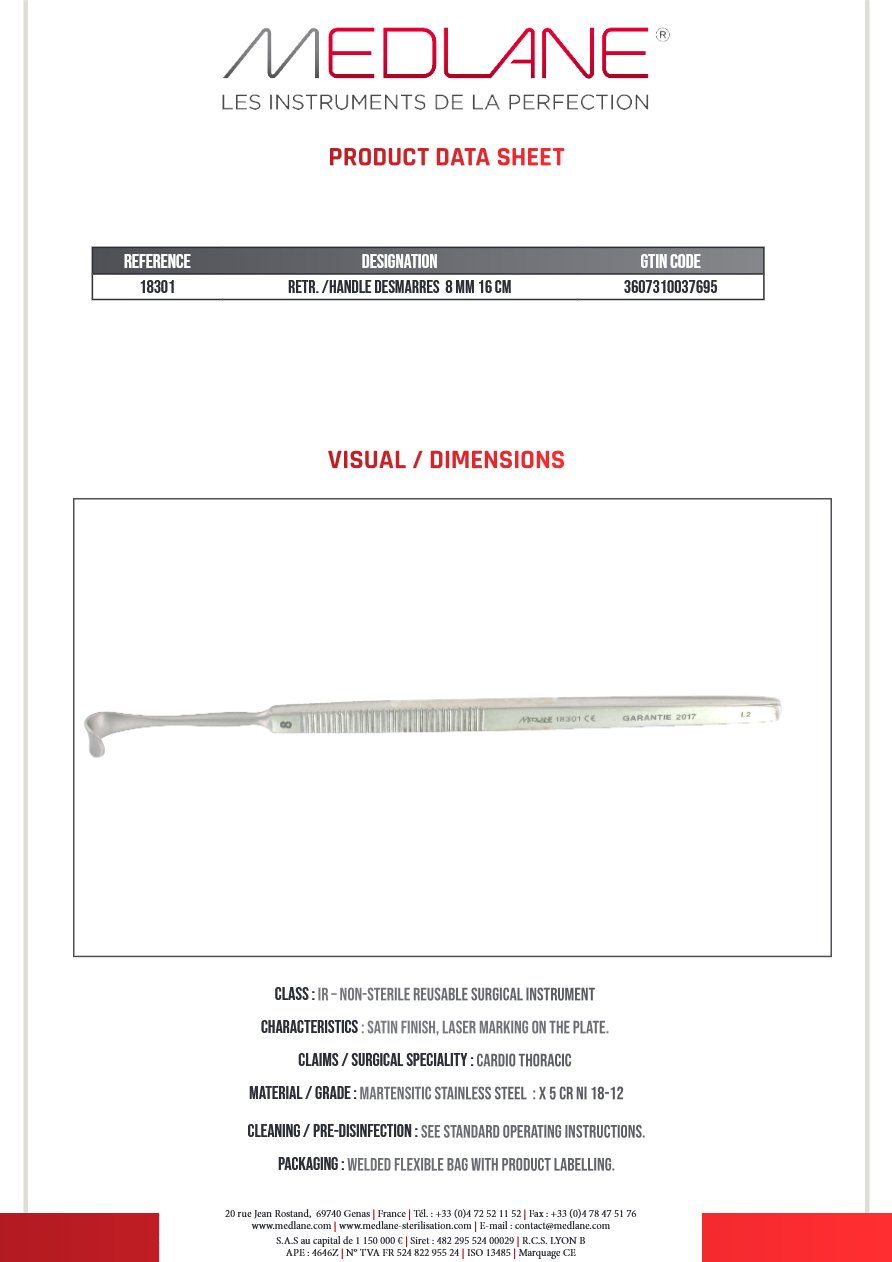 Ecarteur /manche Desmarres 8 mm 160 mm — REF 18301P