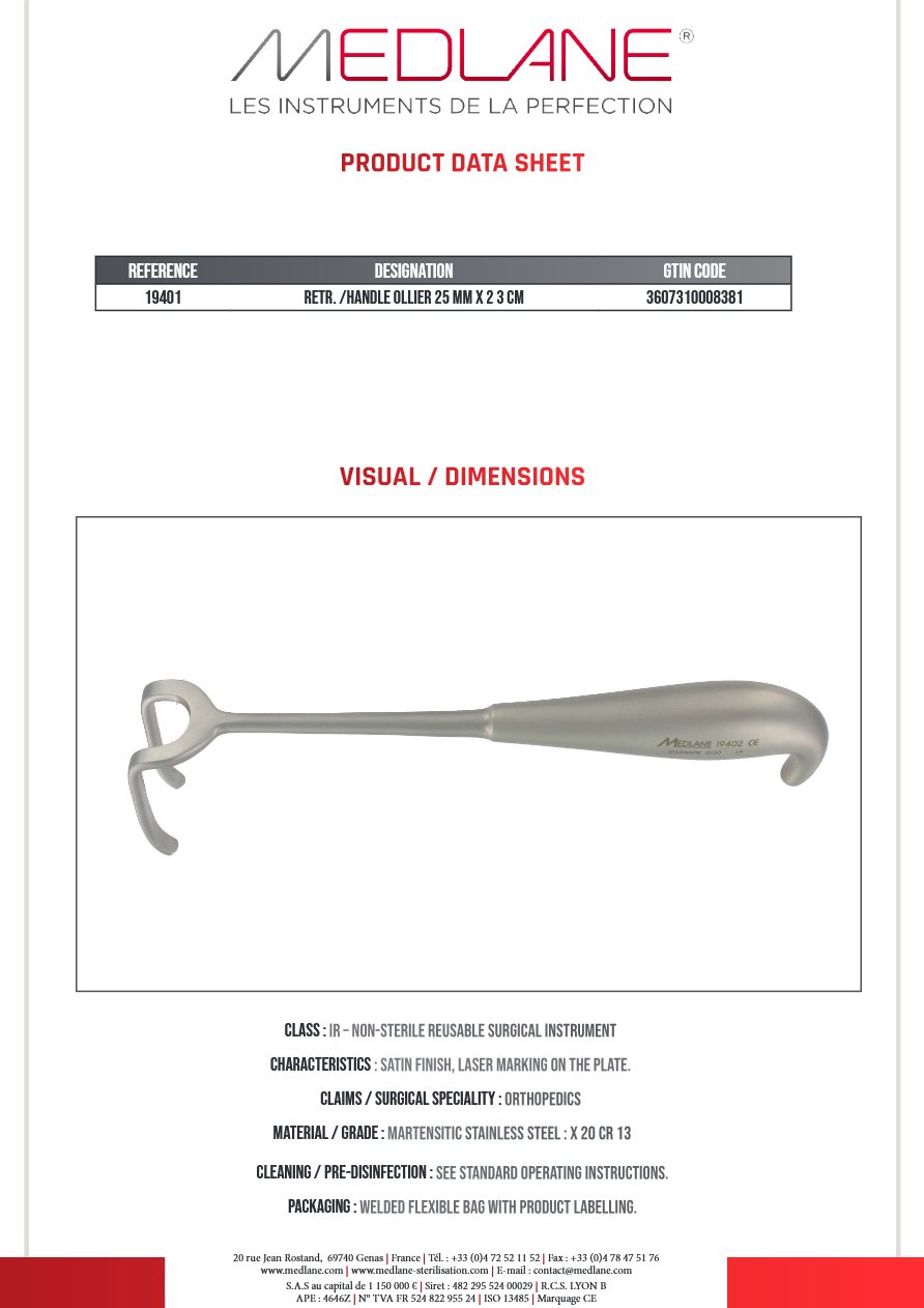 Ecarteur /manche Ollier a Os 25 mm X 230 mm Prof 50MM — REF 19401P