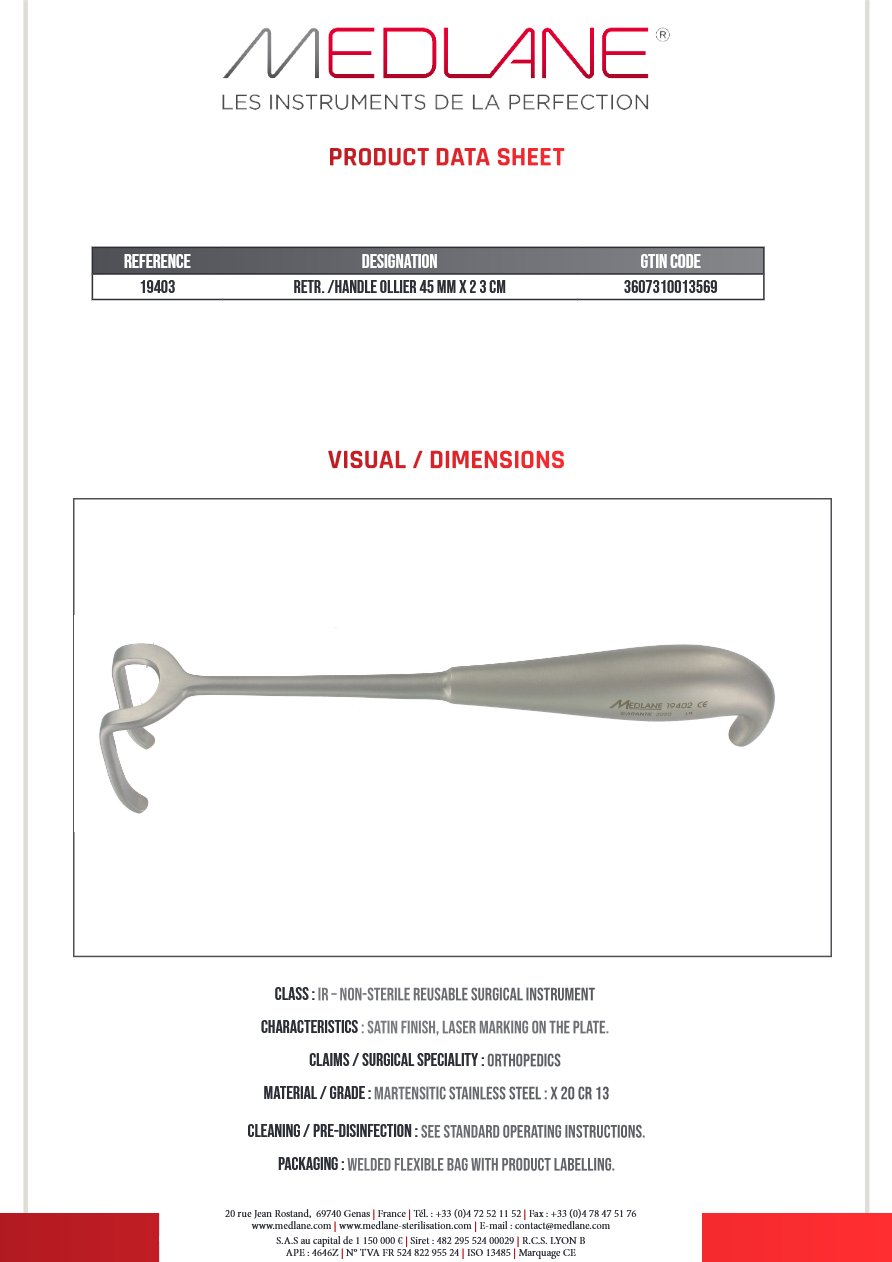Ecarteur /manche Ollier a Os 45 mm X 230 mm Prof 50MM — REF 19403P