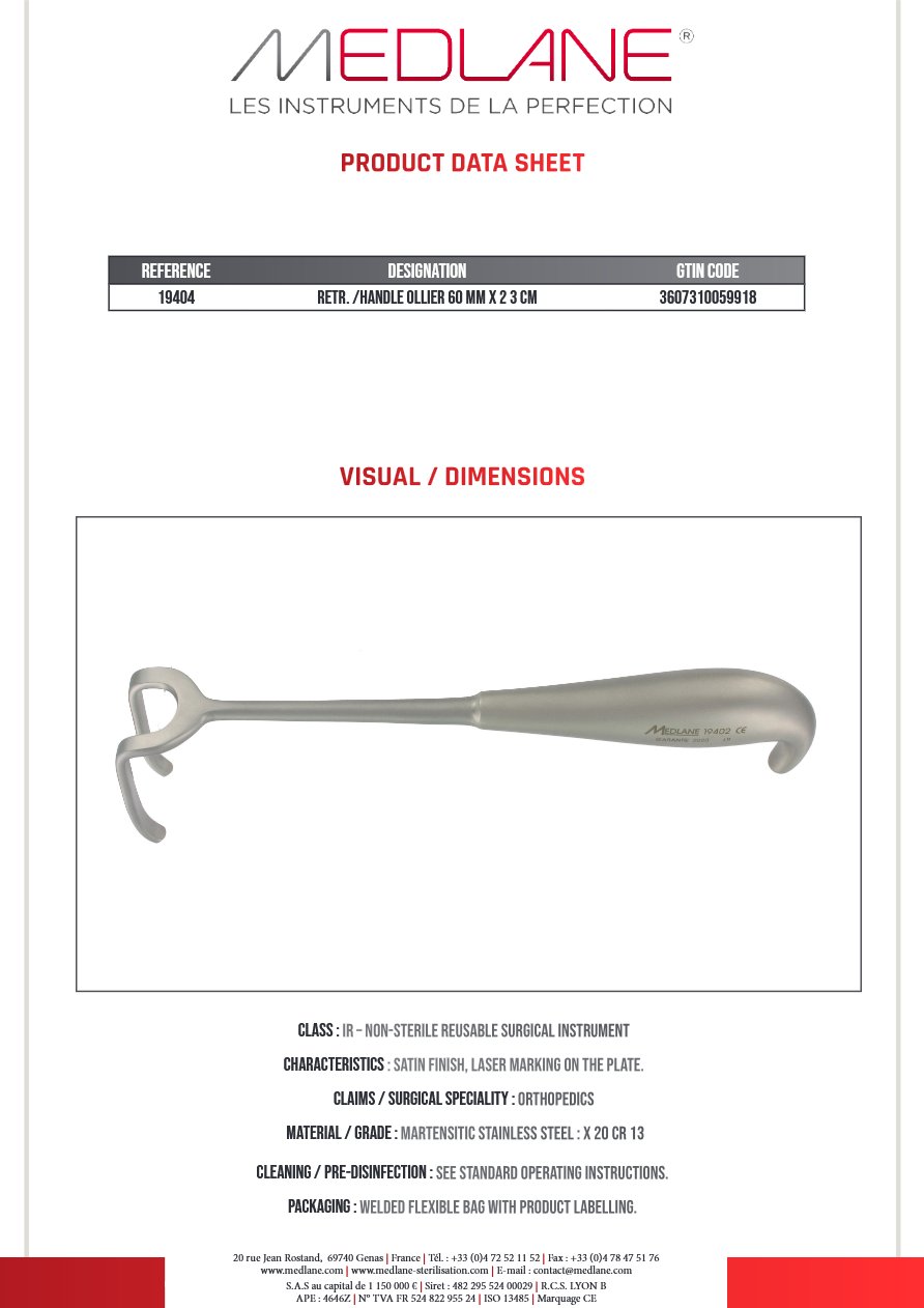 Ecarteur /manche Ollier a Os 60 mm X 230 mm Prof 50MM — REF 19404P