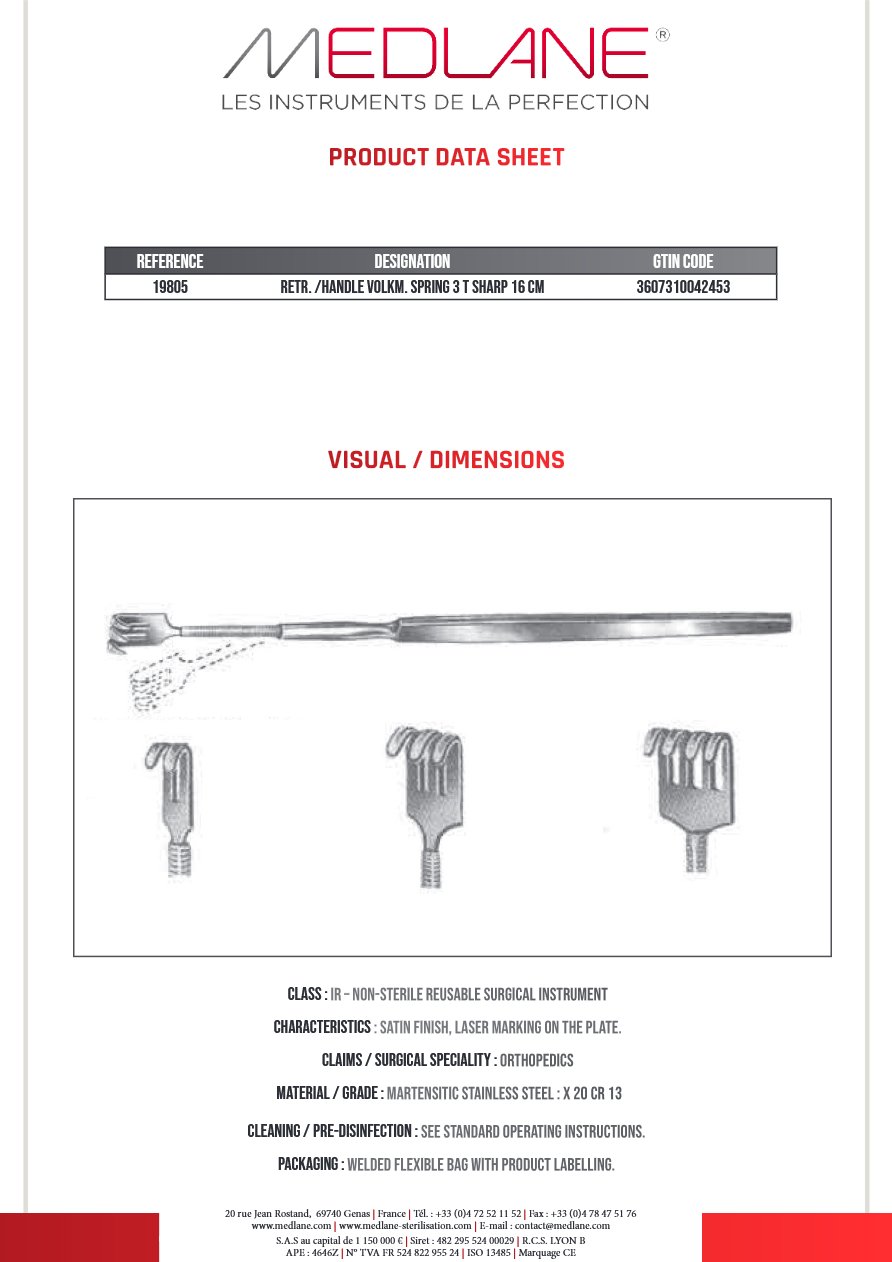 Ecarteur /manche Volkmann Ressort 3 Griffes Pointu 160MM — REF 19805