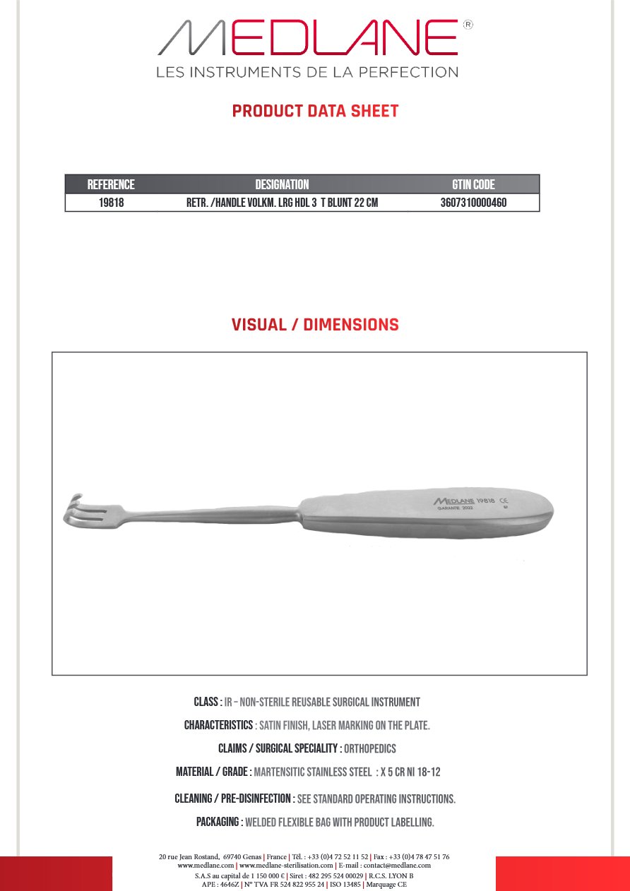 Photo produit MEDLANE : Ecarteur /manche Volkmann Griffes Manche 3 Griffes Mousse 220MM, référence 19818P