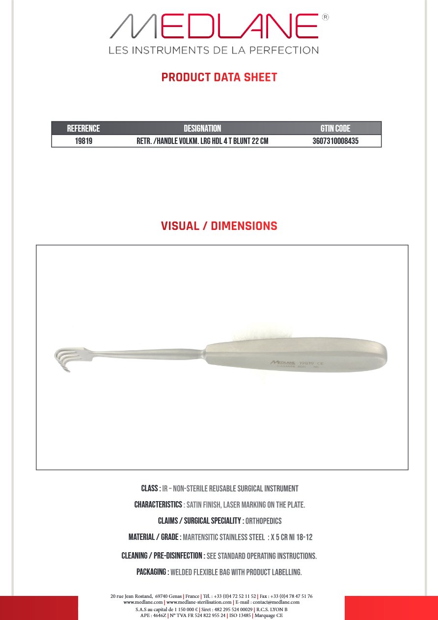 Photo produit MEDLANE : Ecarteur /manche Volkmann Griffes Manche 4 Griffes Mousse 220MM, référence 19819P