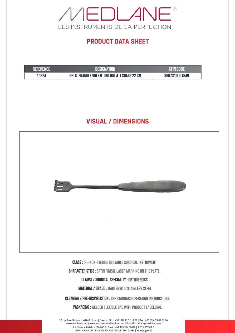 Photo produit MEDLANE : Ecarteur /manche Volkmann Griffes Manche 4 Griffes Pointu 220MM, référence 19824P