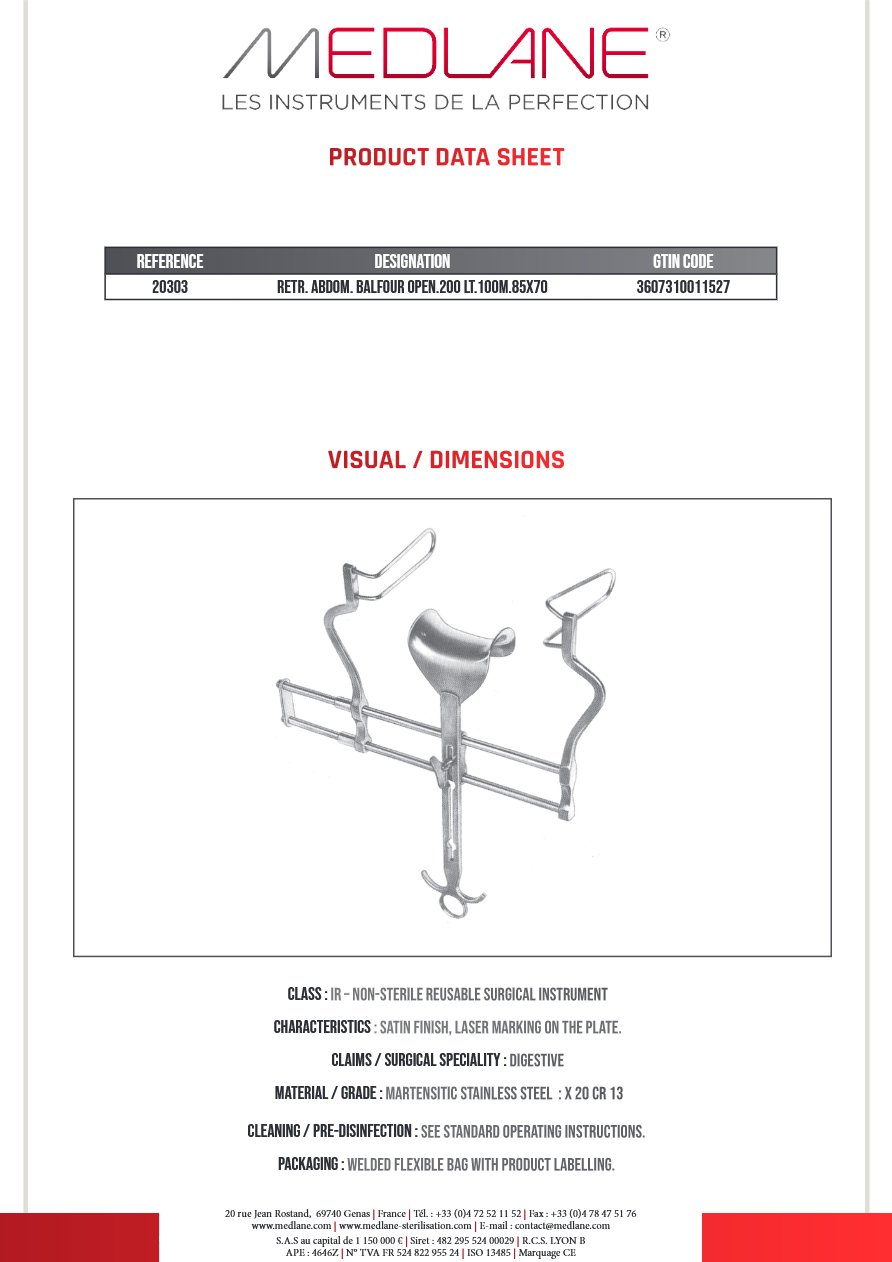 Photo produit MEDLANE : Ecarteur Abdominal Balfour Ouverture 200 Lt.100 M. 85X70, référence 20303