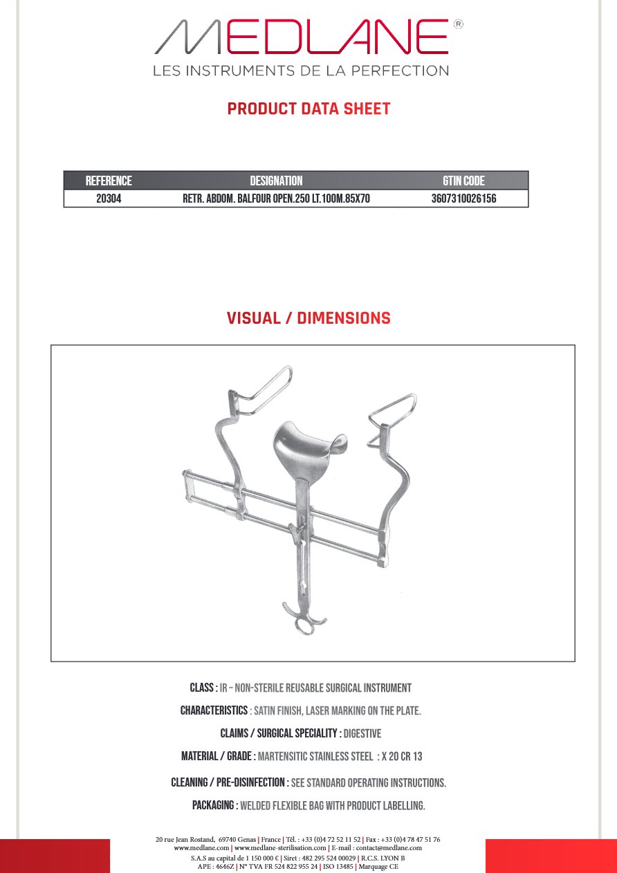 Rétracteur Abdominal BALFOUR OPEN.250 LT.100M.85X70 — REF 20304