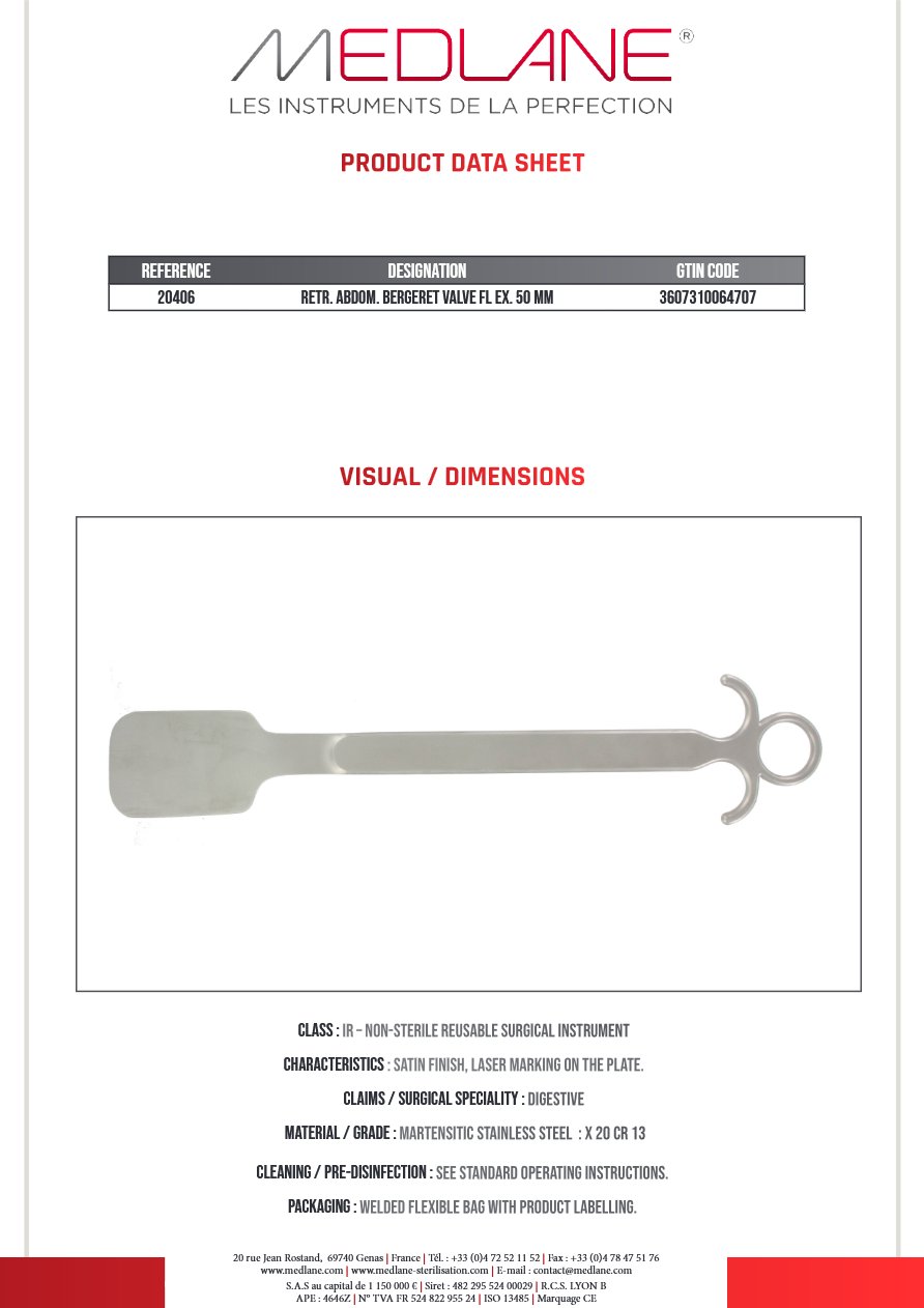 Ecarteur Abdominal Bergeret Valve Malléable Foie 50 — REF 20406