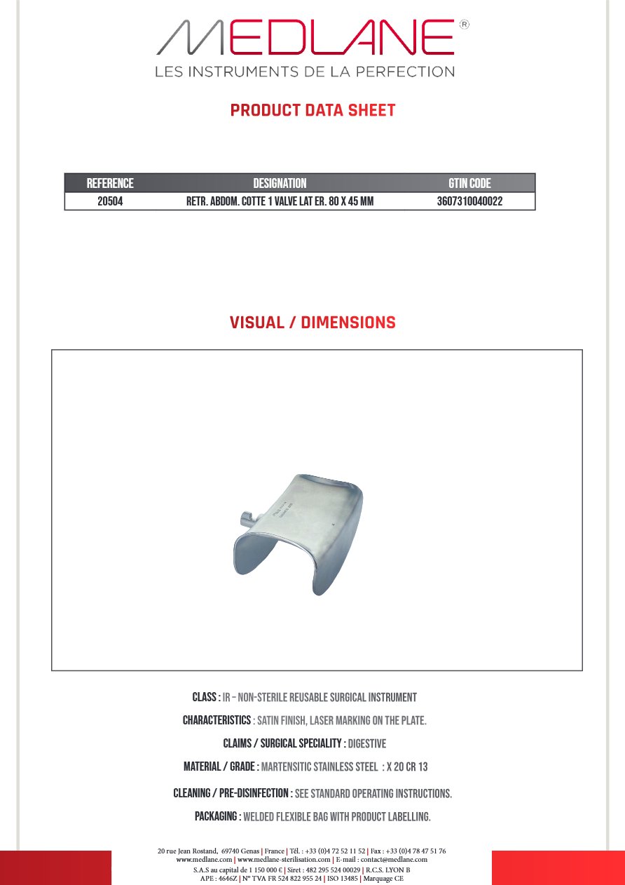 Ecarteur Abdominal Cotte 1 Valve Later 80 X 45 — REF 20504P
