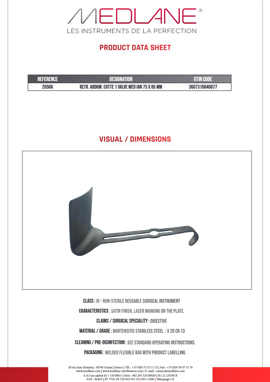 Ecarteur Abdominal Cotte 1 Valve Mediane 75 X 85 — REF 20506P