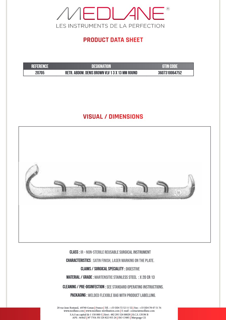 Photo produit MEDLANE : Ecarteur Abdominal Denis Brown Valve 13 X 13 Ronde, référence 20705